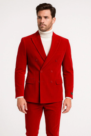 Mens Slim Fit Red Velvet Double Breasted Suits with Peak Lapel  Formal Tuxedo Style