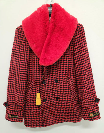 Mens Red and Black Houndstooth Overcoat with Faux Fur Shawl Collar  Luxury Double-Breasted Winter Coat