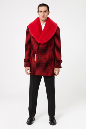 Mens Red and Black Houndstooth Overcoat with Faux Fur Shawl Collar  Luxury Double-Breasted Winter Coat