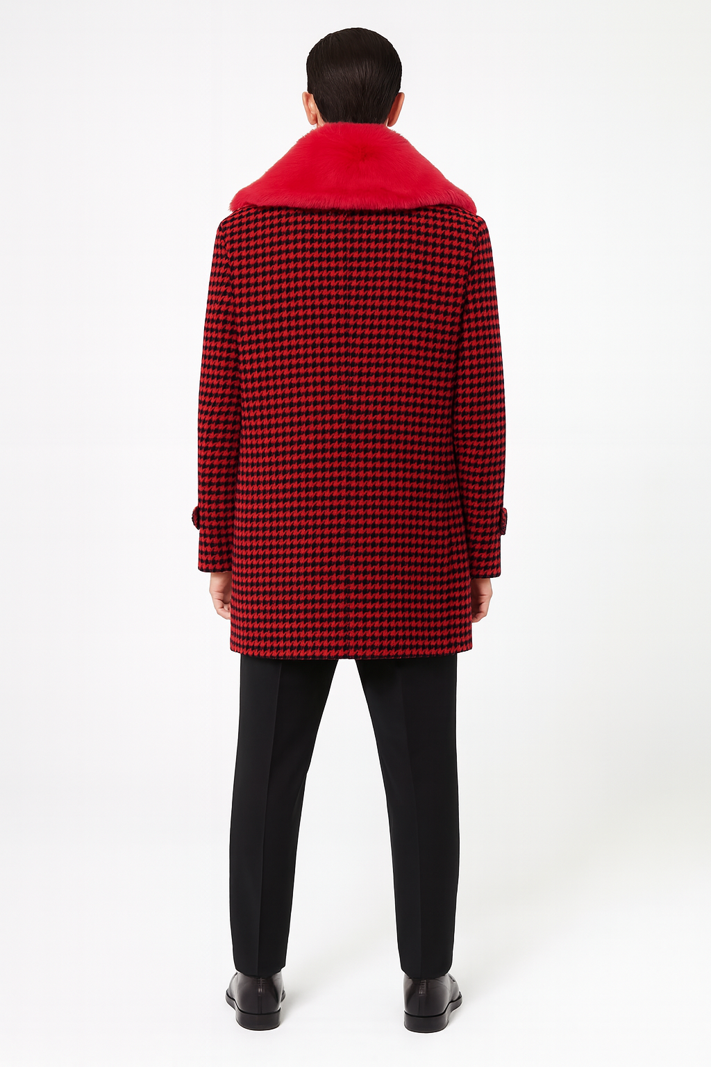 Mens Red and Black Houndstooth Overcoat with Faux Fur Shawl Collar  Luxury Double-Breasted Winter Coat