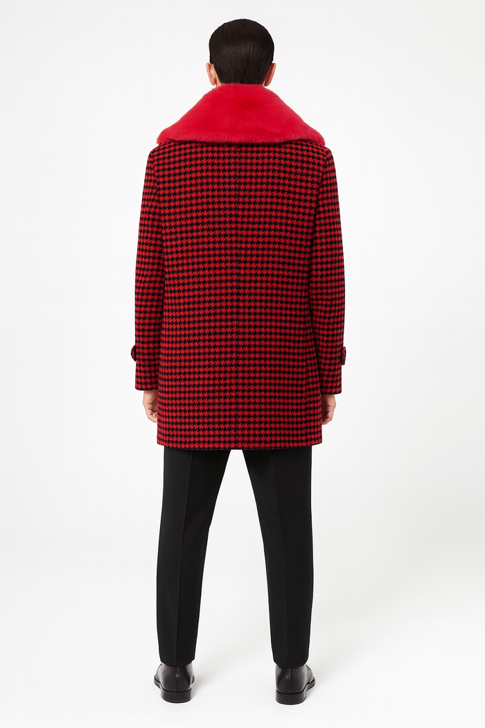 Mens Red and Black Houndstooth Overcoat with Faux Fur Shawl Collar  Luxury Double-Breasted Winter Coat
