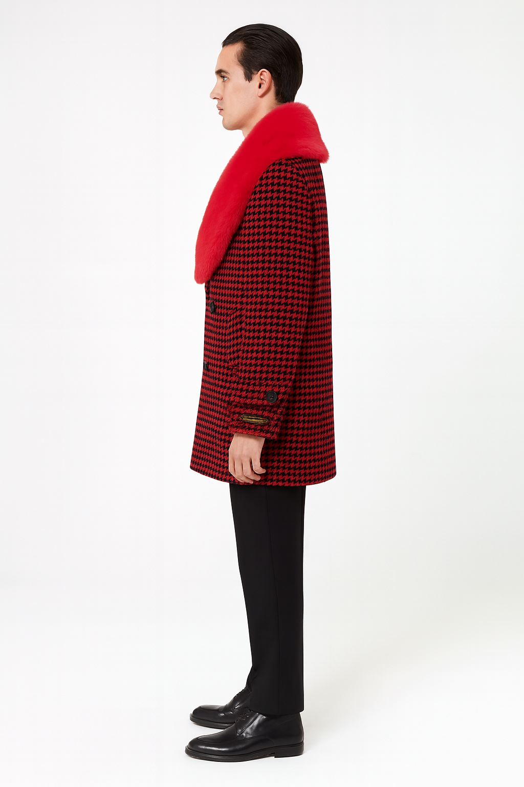 Mens Red and Black Houndstooth Overcoat with Faux Fur Shawl Collar  Luxury Double-Breasted Winter Coat