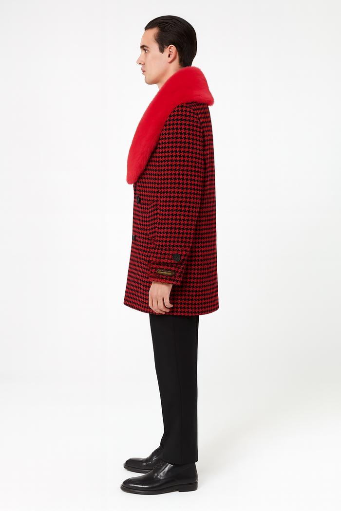 Mens Red and Black Houndstooth Overcoat with Faux Fur Shawl Collar  Luxury Double-Breasted Winter Coat