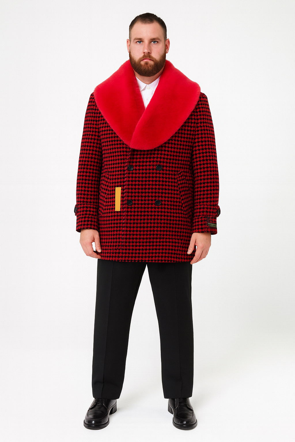 Mens Red and Black Houndstooth Overcoat with Faux Fur Shawl Collar  Luxury Double-Breasted Winter Coat