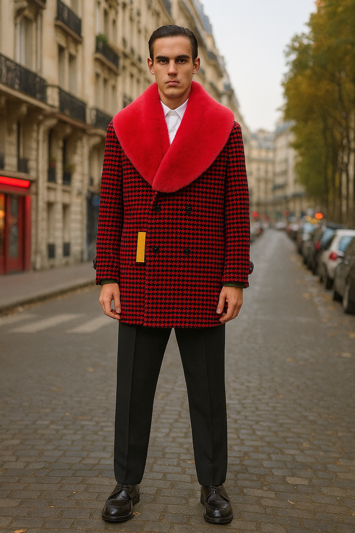 Mens Red and Black Houndstooth Overcoat with Faux Fur Shawl Collar  Luxury Double-Breasted Winter Coat