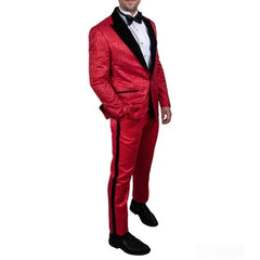 Exclusive Stacy Adams Velvet Paisley 2-PC Tuxedo Suit, Red and Black - Men's Tuxedo USA