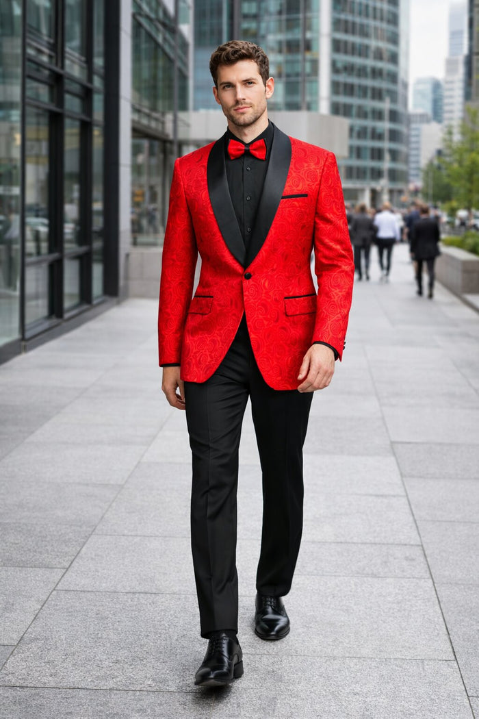 Men's Modern Fit Paisley Jacquard Prom Tuxedo in Red