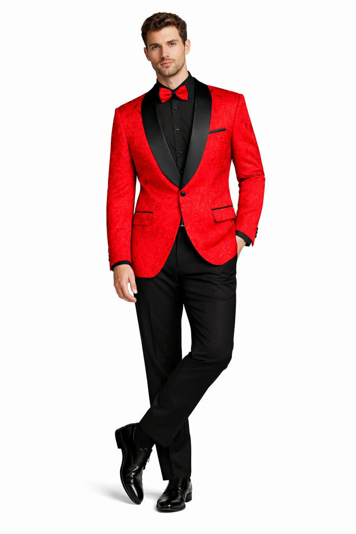 Men's Modern Fit Paisley Jacquard Prom Tuxedo in Red