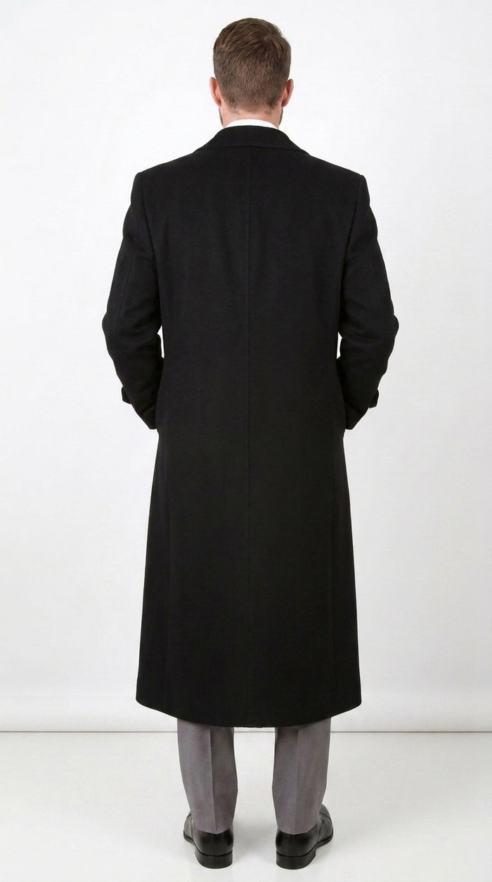 Men’s Black 100% Wool Gabardine Full-Length Overcoat – Wide Lapel Formal Top Coat