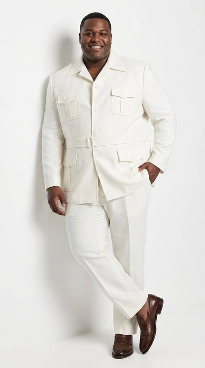 Men’s Off White Casual Safari Suit BP8102, Pocket Front Shirt Jacket and Pants Set