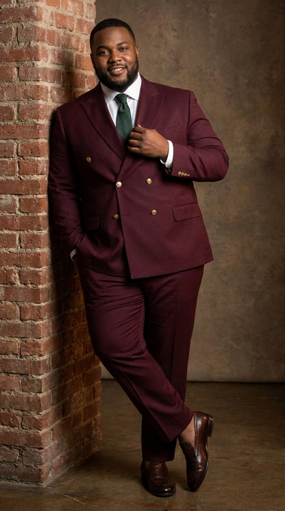 Men’s Burgundy Slim Fit Double Breasted Suit with Gold Buttons, Designer Formal Wedding Suit