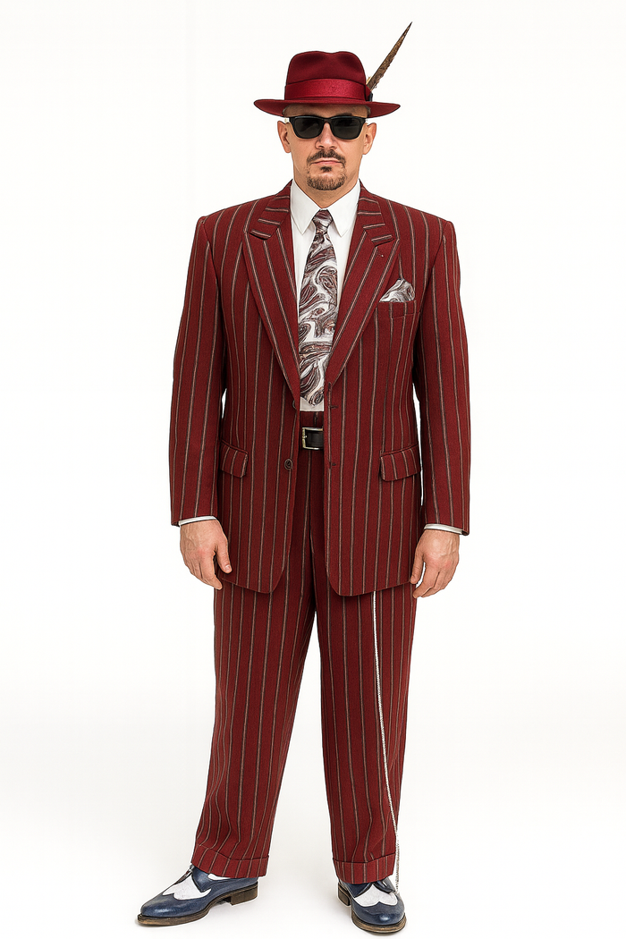 Burgundy Pinstripe Zoot Suit  3 Piece 1920s/1930s Gangster Outfit (Jacket and Pants and Vest) Vintage Fashion