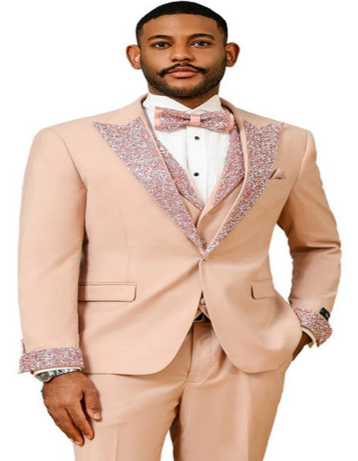 Rose Gold Prom Tuxedo - Perfect Wedding Suit Vested Rhinestone sequin Lapelled