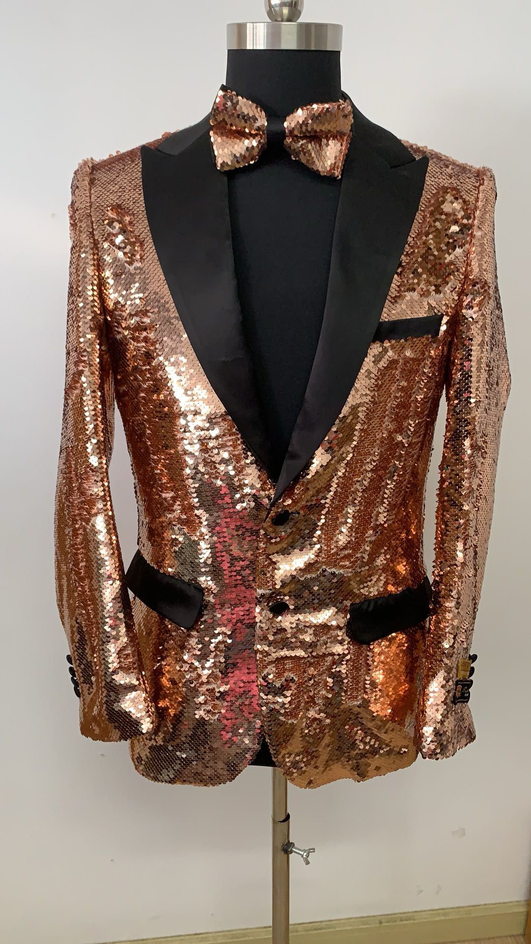 Mens Rose Gold Sequin Tuxedo Jacket with Black Satin Shawl Lapel and Matching Bow Tie