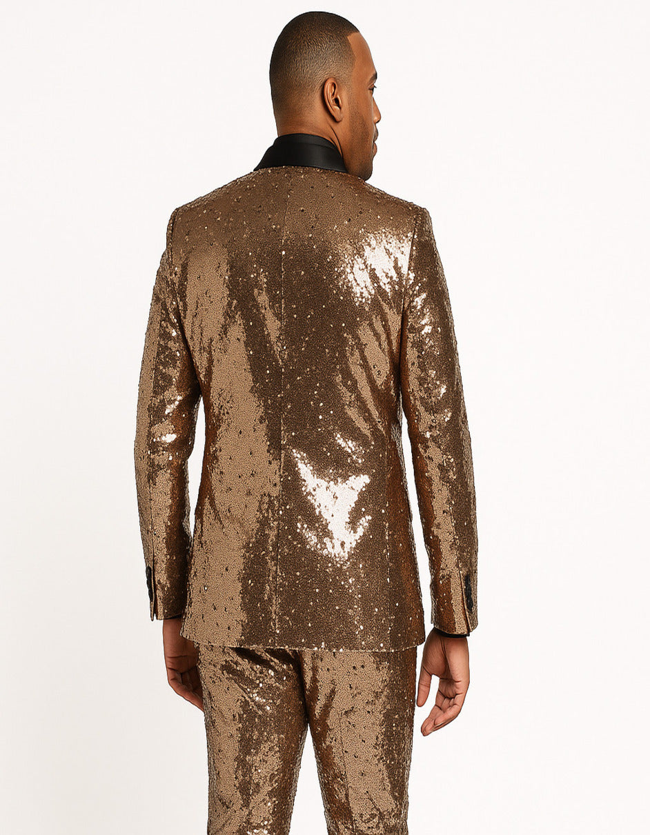 Luxury Rose Gold Sequin Tuxedo Suit for Men – Black Satin Lapel, Perfect for Events & Parties