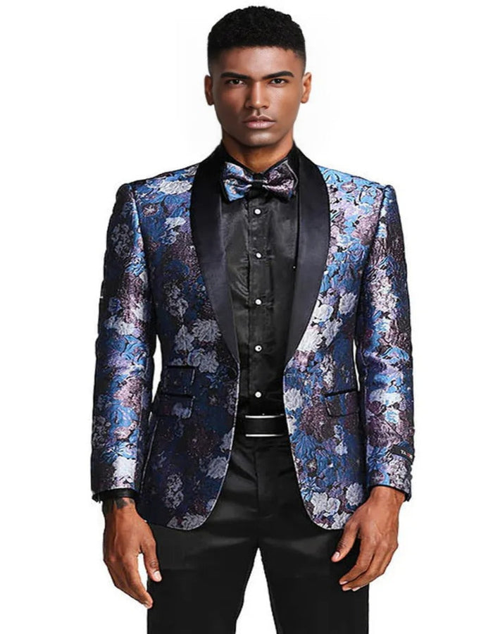 Blue Wedding Tuxedo - Men's Slim Fit Shawl Lapel Paisley Floral Blue Roses and Silver Tuxedo