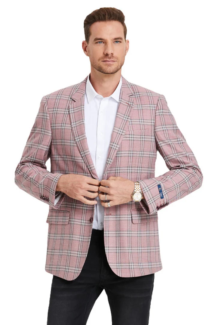 Saco vaquero - Western Sport Coat - Western Blazer - Men's Two Button Business Casual Double Windowpane Sport Coat In Rose Pink
