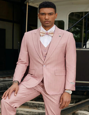 52 Men's Stacy Adam's One Button Vested Modern Rose Pink Pinstripe Suit 52 Men's Stacy Adam's One Button Vested Modern Rose Pink Pinstripe Suit