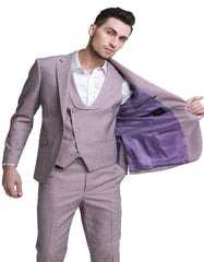 Mens Rose Tuxedo - Men's One Button Double Breasted Vest Slim Fit Sharkskin Rose Pink Wedding Suit