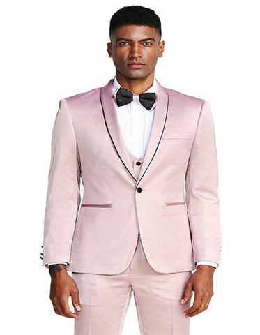 Men's Slim Fit Vested Shiny Satin Prom & Wedding Rose Pink Tuxedo Suit