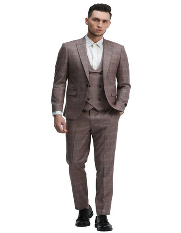 Men's One Button Slim Fit Double Breasted Rose Pink Plaid Suit