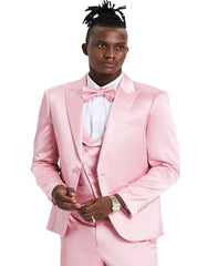 Men's One Button Vested Shiny Satin Sharkskin Prom & Wedding Party Dusty Rose Suit