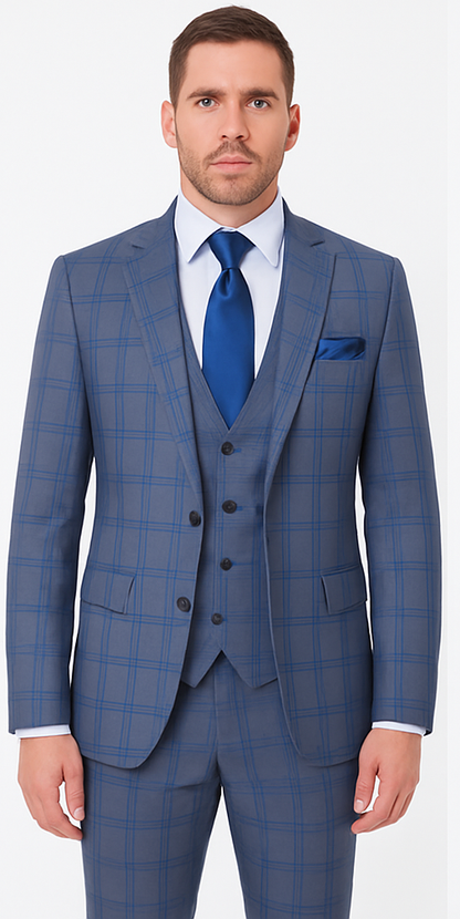 Rossi Man MAX RM1823 Slim Fit 3-Piece Blue Plaid Suit Tailored for Weddings & Business
