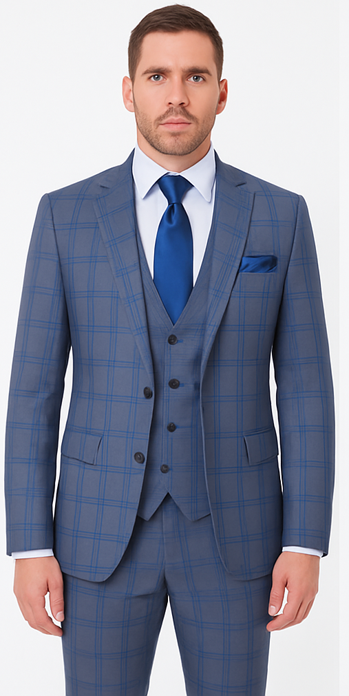 Rossi Man MAX RM1823 Slim Fit 3-Piece Blue Plaid Suit Tailored for Weddings & Business