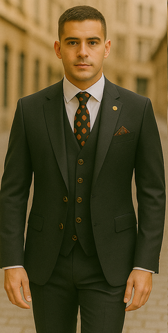 Rossiman Black Suit for Men ƒ?? Classic 1-Button Peak Lapel Jacket & Double-Breasted Vest