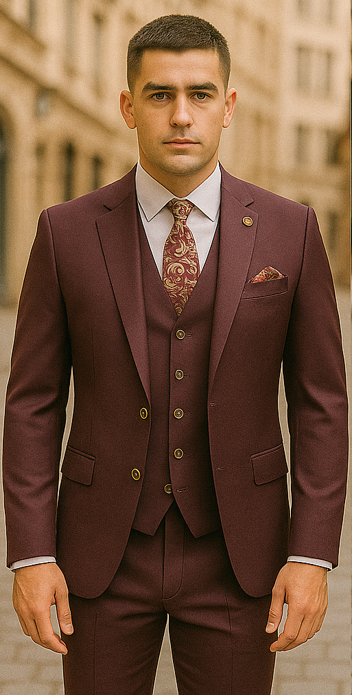 36 Rossiman Burgundy Suit for Men ƒ?? Peak Lapel 1-Button Jacket - Main Image