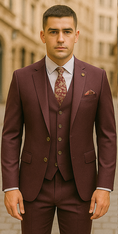 Rossiman Burgundy Suit for Men ƒ?? Peak Lapel 1-Button Jacket & Double-Breasted Vest