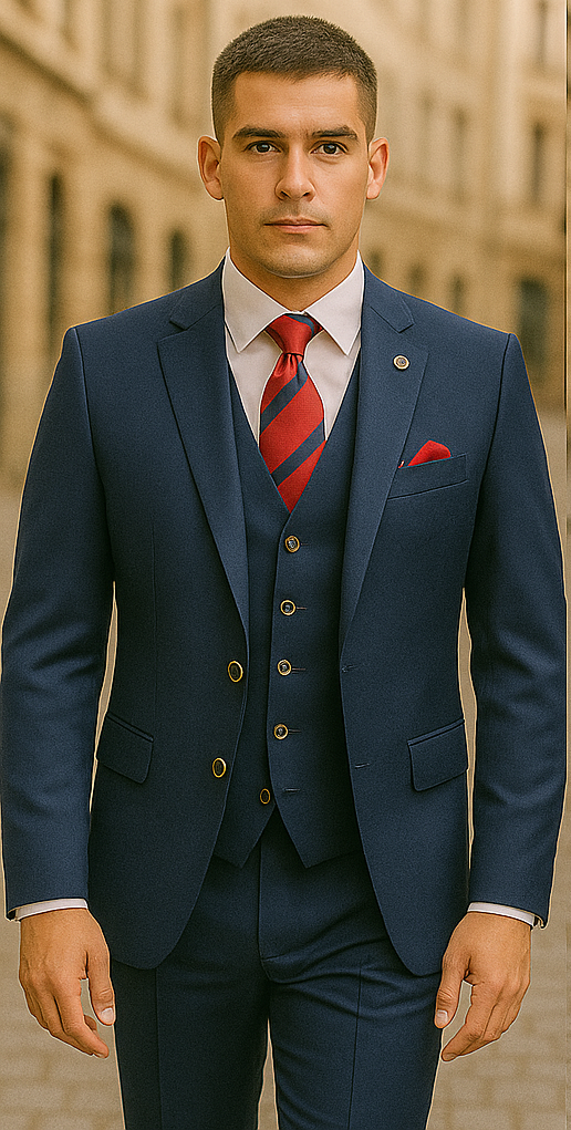 Rossiman Navy Blue Suit for Men ƒ?? Classic 1-Button Peak Lapel Jacket & Double-Breasted Vest