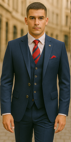 Rossiman Navy Blue Suit for Men ƒ?? Classic 1-Button Peak Lapel Jacket & Double-Breasted Vest
