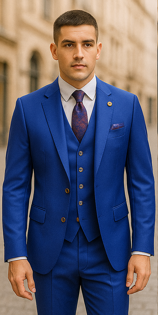 Rossiman Royal Blue Suit for Men ?? Classic 1-Button Peak Lapel Jacket & Double-Breasted Vest