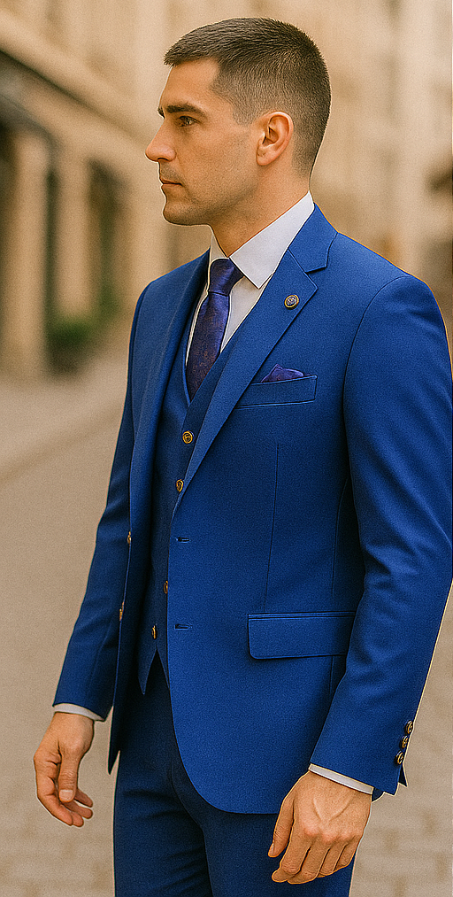 Rossiman Royal Blue Suit for Men ?? Classic 1-Button Peak Lapel Jacket & Double-Breasted Vest