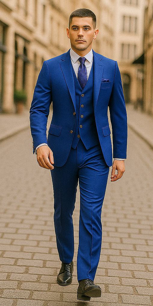 Rossiman Royal Blue Suit for Men ?? Classic 1-Button Peak Lapel Jacket & Double-Breasted Vest