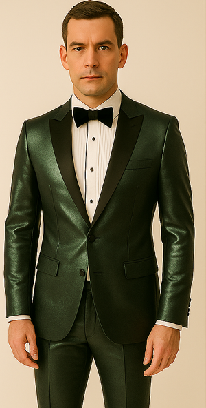 Rossiman Men??s Green Sateen Suit ?? Glossy Finish with Modern Flair