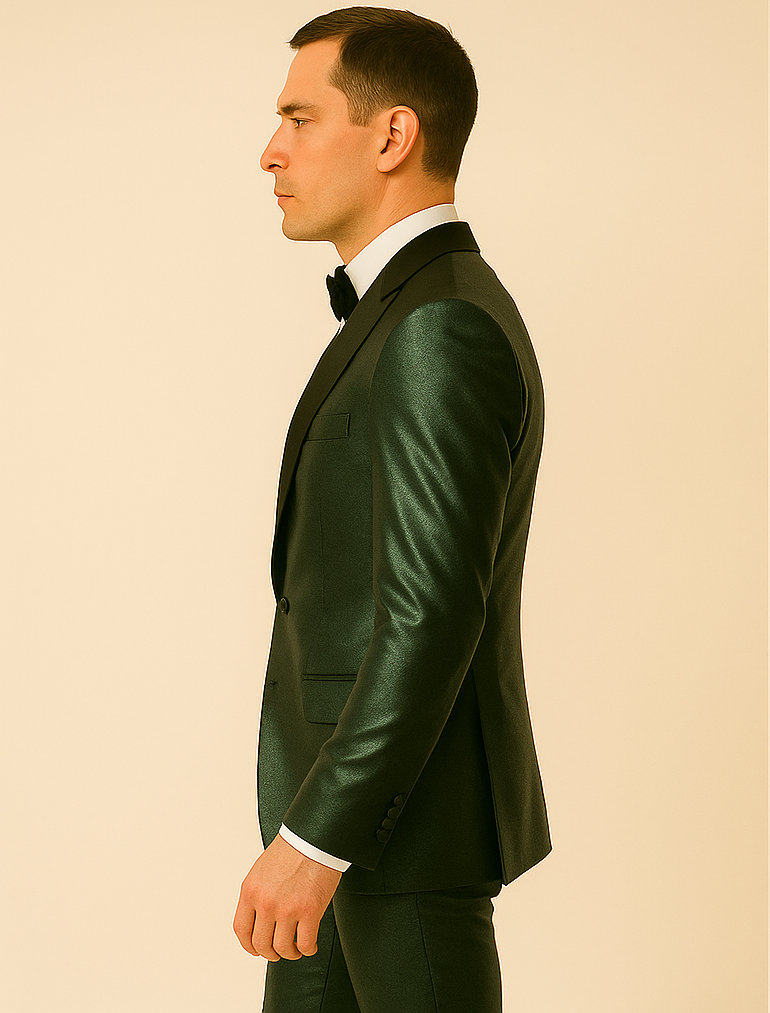 Rossiman Menƒ??s Green Sateen Suit ƒ?? Glossy Finish with Modern Flair
