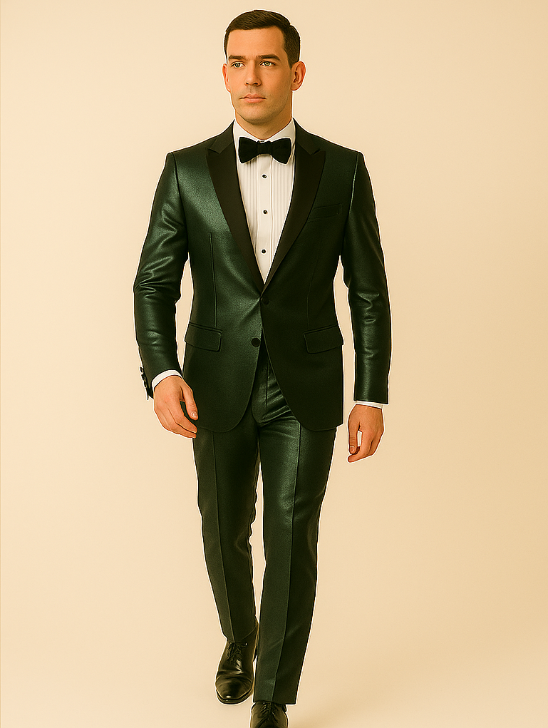 Rossiman Men??s Green Sateen Suit ?? Glossy Finish with Modern Flair