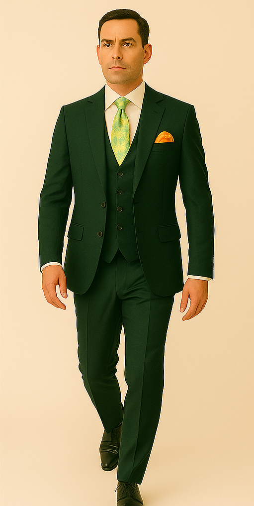 Rossiman Hunter Green Slim Fit Men's Suit ƒ?? 3-Piece Vested Set with Flat Front Trousers