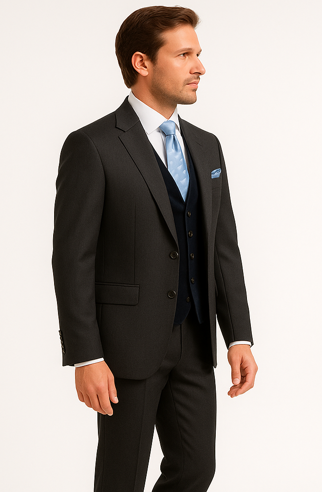 Rossiman Men's Dark Gray Slim Fit Suit ƒ?? 3-Piece Vested Set with Flat Front Pants