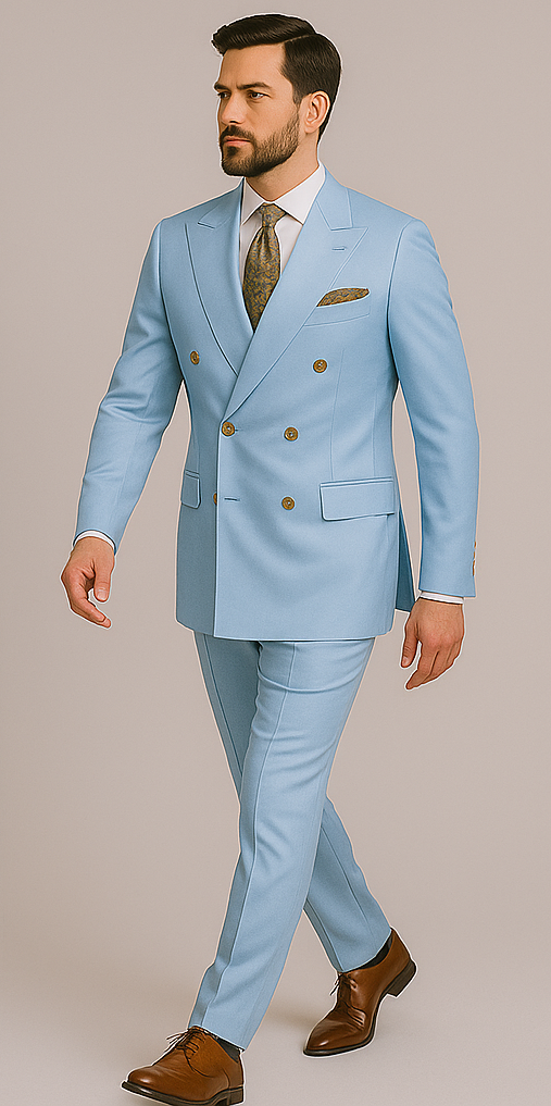 Rossiman Men's Light Blue Slim Fit Suit - Elegant Double-Breasted Design