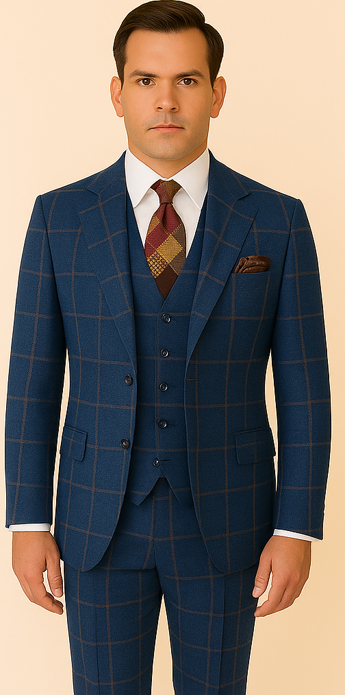 Rossiman Men??s Navy & Gray Plaid Suit ?? Classic Windowpane Double-Breasted Design