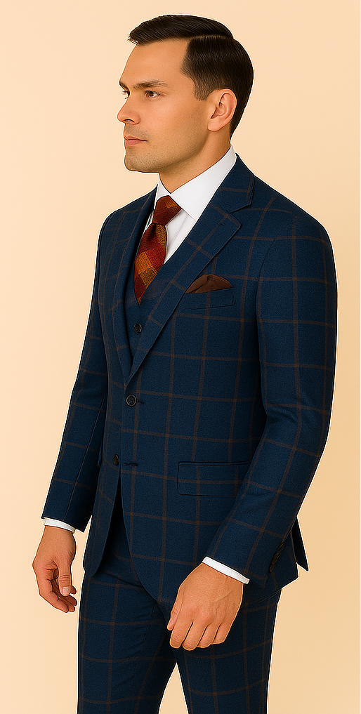 Rossiman Men??s Navy & Gray Plaid Suit ?? Classic Windowpane Double-Breasted Design