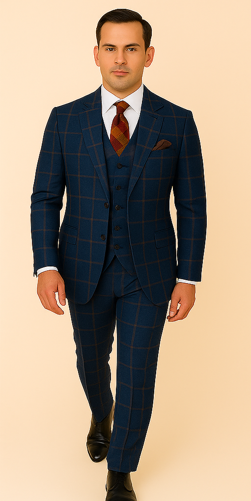 Rossiman Men??s Navy & Gray Plaid Suit ?? Classic Windowpane Double-Breasted Design