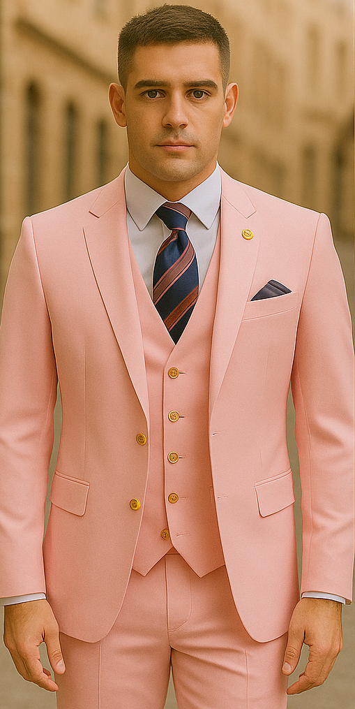 Rossiman Men's Pink Suit ƒ?? 1-Button Peak Lapel Jacket & Double-Breasted Vest