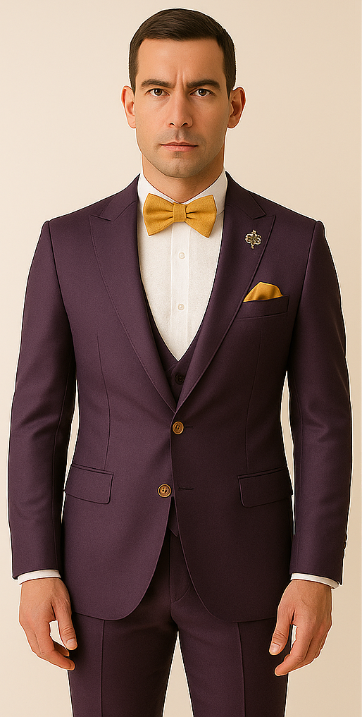 Rossiman Men??s Plum Purple Suit ?? Gold Buttoned Double-Breasted Elegance