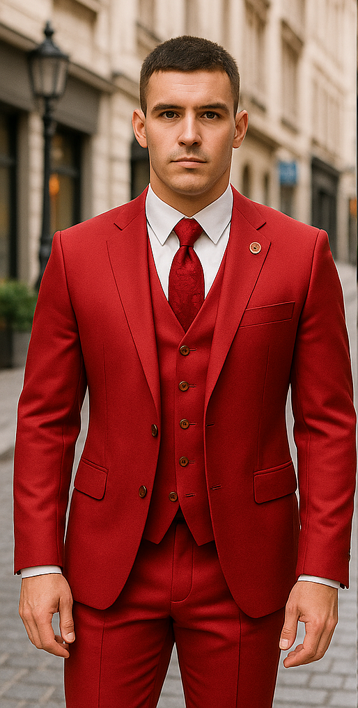 Rossiman Men's Red Suit ƒ?? Stylish 1-Button Peak Lapel Jacket & Double-Breasted Vest