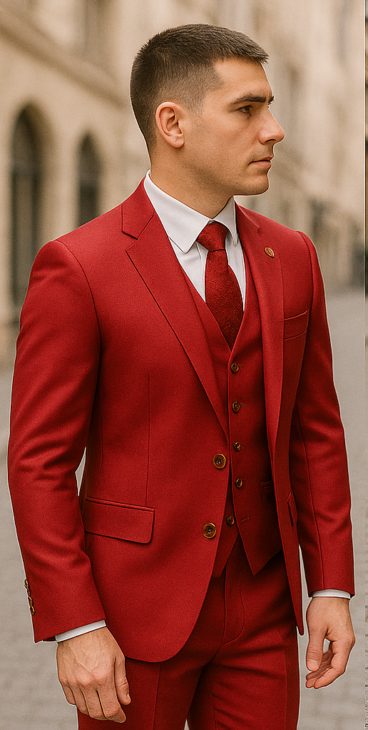 Rossiman Men's Red Suit ƒ?? Stylish 1-Button Peak Lapel Jacket & Double-Breasted Vest