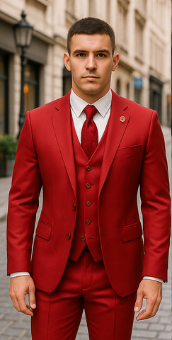 Rossiman Men's Red Suit ƒ?? Stylish 1-Button Peak Lapel Jacket & Double-Breasted Vest